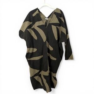 Uzi NYC Plant V Tunic Black Olive Green Abstract Print Cotton OS